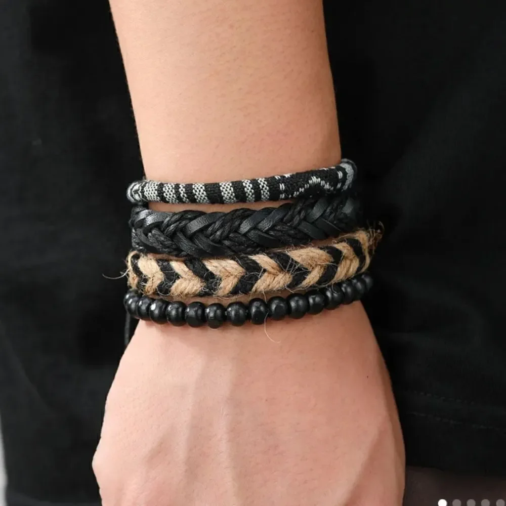 4 men's bracelets leather beaded layered beaded black brown new e10